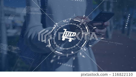 Image of shopping trolley sign and data processing over caucasian woman using smartphone Image of shopping trolley sign and data processing over caucasian woman using smartphone 116822110