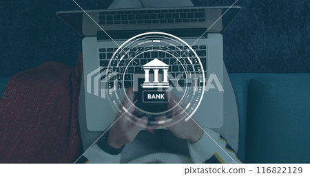 Image of data processing and bank symbol over caucasian man using smartphone 116822129