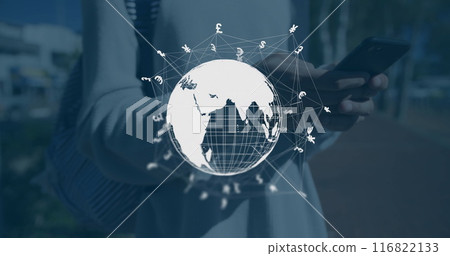 Image of globe with connections over caucasian woman using smartphone Image of globe with connections over caucasian woman using smartphone 116822133
