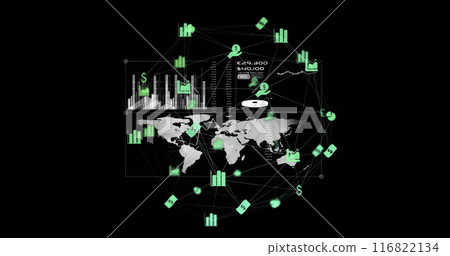 Image of data processing and globe over black background Image of data processing and globe over black background 116822134