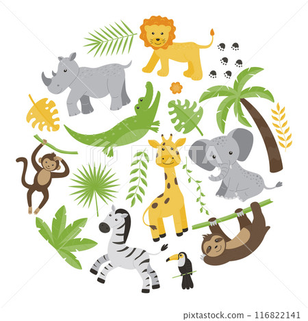 Childrens background. Jungle animals and plants in a circle. Vector illustration in a flat style. 116822141