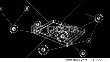 Image of currency american dollar symbol, connections and calculator on black background Image of currency american dollar symbol, connections and calculator on black background 116822156