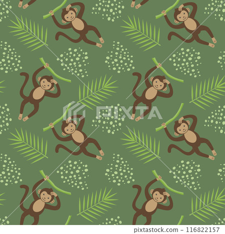 Childrens animal seamless pattern. Funny monkey on a green background with leaves and dots. Vector illustration in a flat style. Childrens animal seamless pattern. Funny monkey on a green background with leaves and dots. Vector illustration in a flat style. 116822157