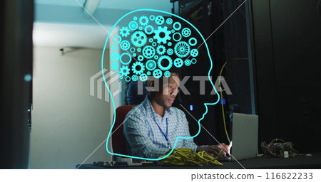 Image of human head ai data processing over african american man using laptop 116822233