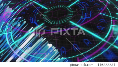 Image of lights and colourful circular scanner processing on black background Image of lights and colourful circular scanner processing on black background 116822281