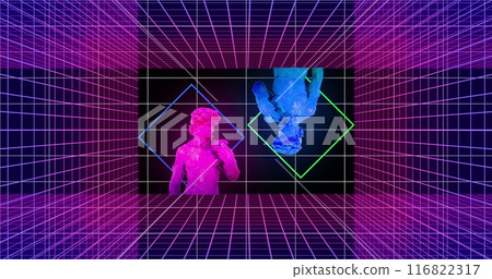 Image of light beams and classical statues changing colour over pink grids on black Image of light beams and classical statues changing colour over pink grids on black 116822317