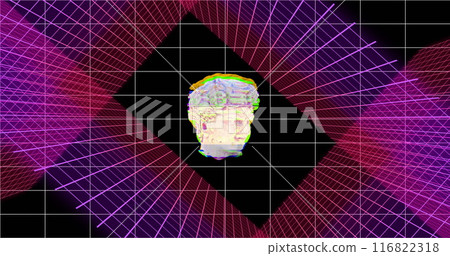 Image of classical statue head distorting over pink grids on black Image of classical statue head distorting over pink grids on black 116822318