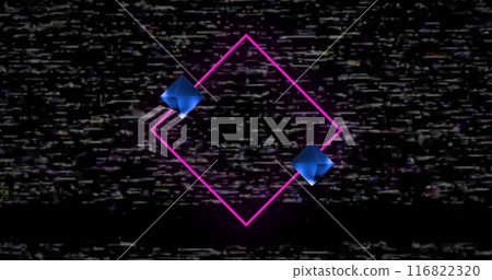 Image of strobing blue and pink neon light beams over 3d blue diamonds and pink diamond on black 116822320
