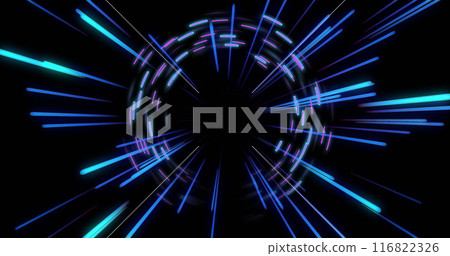 Image of strobing pink and blue light beams over rotating pink and blue lights on black 116822326