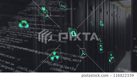 Image of eco icons and data processing over computer servers Image of eco icons and data processing over computer servers 116822339