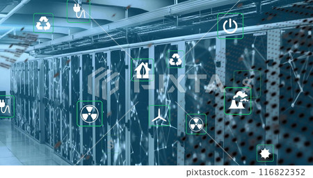 Image of eco icons and data processing over computer servers Image of eco icons and data processing over computer servers 116822352