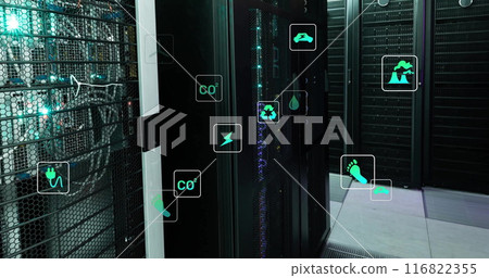 Image of eco icons and data processing over computer servers Image of eco icons and data processing over computer servers 116822355