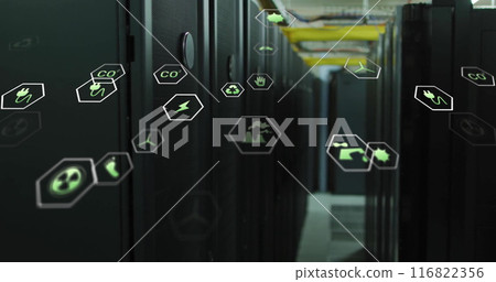 Image of eco icons and data processing over computer servers 116822356