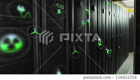 Image of eco icons and data processing over computer servers Image of eco icons and data processing over computer servers 116822358