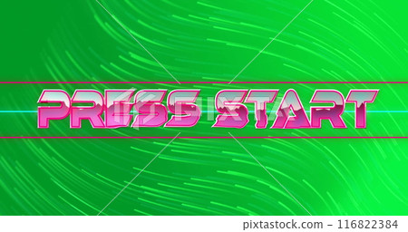 Image of press start text over light trails on green background 116822384