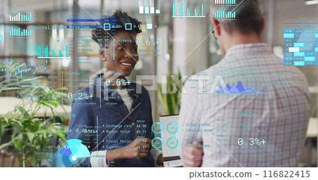 Image of financial data processing over diverse business people in office Image of financial data processing over diverse business people in office 116822415
