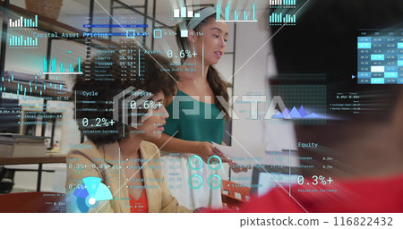 Image of financial data processing over diverse business people in office 116822432