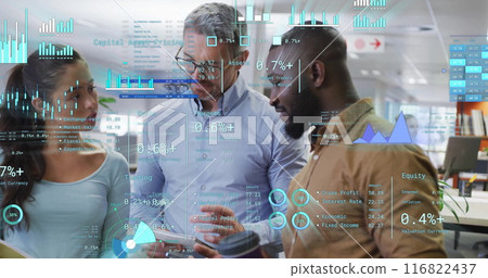 Image of financial data processing over diverse business people in office 116822437
