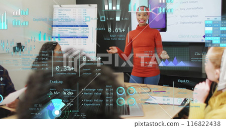 Image of financial data processing over diverse business people in office 116822438