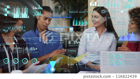 Image of financial data processing over diverse business people in office Image of financial data processing over diverse business people in office 116822439
