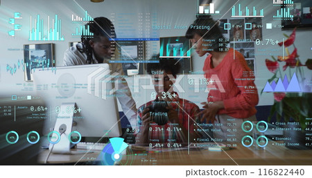 Image of financial data processing over diverse business people in office Image of financial data processing over diverse business people in office 116822440
