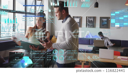 Image of financial data processing over diverse business people in office Image of financial data processing over diverse business people in office 116822441