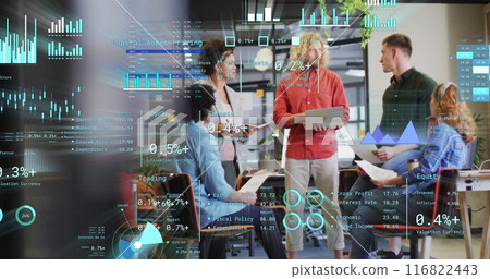 Image of financial data processing over diverse business people in office Image of financial data processing over diverse business people in office 116822443
