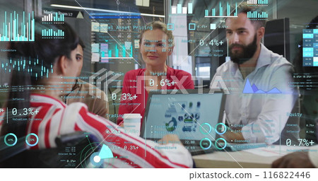 Image of financial data processing over diverse business people in office Image of financial data processing over diverse business people in office 116822446