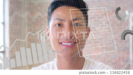 Image of financial data processing over asian businesman in office 116822458