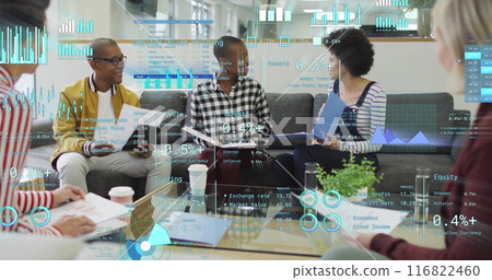 Image of financial data processing over diverse business people in office Image of financial data processing over diverse business people in office 116822460