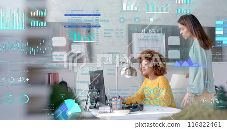 Image of financial data processing over diverse business people in office 116822461