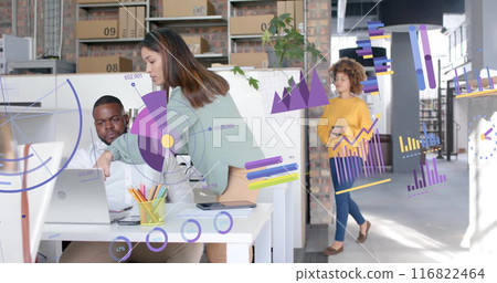 Image of financial data processing over diverse business people in office 116822464