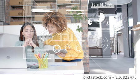 Image of financial data processing over diverse business people in office 116822473