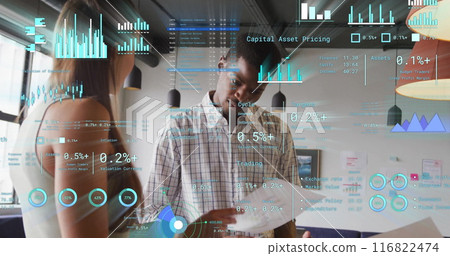 Image of financial data processing over diverse business people in office 116822474