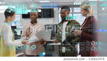 Image of financial data processing over diverse business people in office 116822478