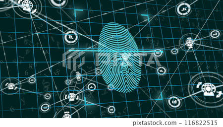 Image of biometric fingerprint, network of connections with icons and data processing Image of biometric fingerprint, network of connections with icons and data processing 116822515