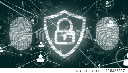 Image of padlock, biometric fingerprint, network of connections with icons and data processing 116822527