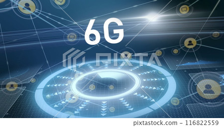 Image of 6g text, network of connections with icons and data processing Image of 6g text, network of connections with icons and data processing 116822559