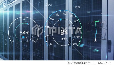 Image of battery charge digital data processing over computer servers 116822628