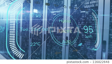 Image of electric car digital data processing over computer servers Image of electric car digital data processing over computer servers 116822648