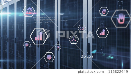 Image of eco icons and digital data processing over computer servers Image of eco icons and digital data processing over computer servers 116822649