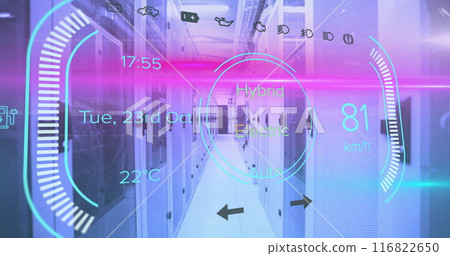 Image of electric car digital data processing over computer servers 116822650