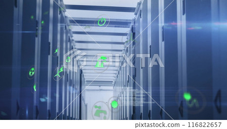 Image of eco icons and digital data processing over computer servers Image of eco icons and digital data processing over computer servers 116822657