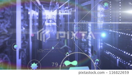 Image of eco icons and digital data processing over computer servers Image of eco icons and digital data processing over computer servers 116822659