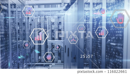 Image of eco icons and digital data processing over computer servers Image of eco icons and digital data processing over computer servers 116822661