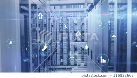 Image of eco icons and digital data processing over computer servers Image of eco icons and digital data processing over computer servers 116822662