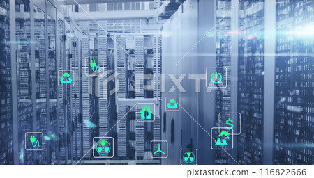 Image of eco icons and digital data processing over computer servers 116822666