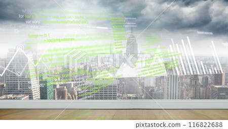 Image of charts and processing data over cloudy cityscape 116822688