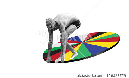 Athletic man, swimmer in goggles standing on position to dive into water from multicolored platform. Creative design. Art collage. Athletic man, swimmer in goggles standing on position to dive into water from multicolored platform. Creative design. Art collage. 116822759