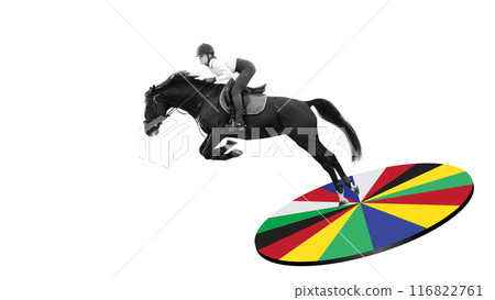 Monochrome equestrian leaping on horse over vibrant circle of international flags. Multiculturalism in equestrian sports. Creative design. Art collage. Monochrome equestrian leaping on horse over vibrant circle of international flags. Multiculturalism in equestrian sports. Creative design. Art collage. 116822761